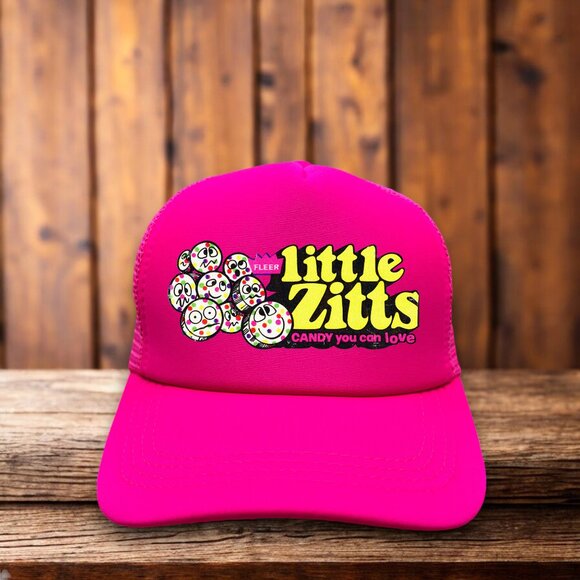 Vintage Fleer Little Zits Candy Mens Trucker Hat Pink Snapback 1950s Logo Cap - Picture 1 of 4